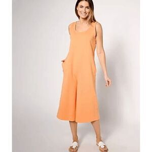 AnyBody Women Large Lounge Beach Wash French Terry Cropped Jumpsuit Apricot NWT)